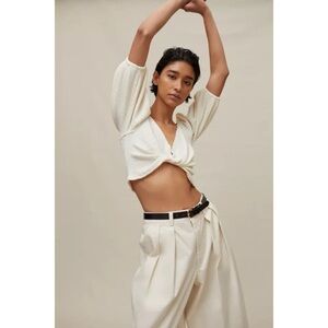 Urban Outfitters Lena Twist Crop Top Long Sleeve Going Out White Medium Ribbed